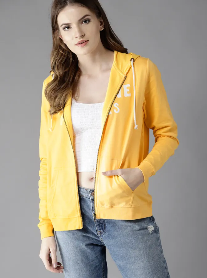 Ace Here n Now Women Yellow Printed Hooded Sweatshirt