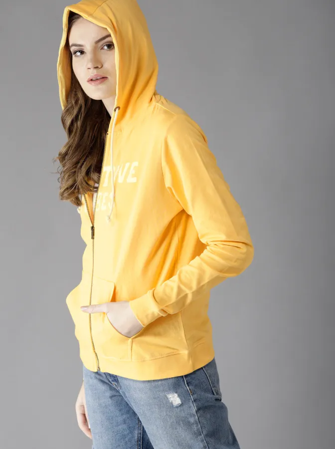 Ace Here n Now Women Yellow Printed Hooded Sweatshirt