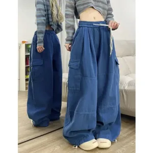 ADVBRIDGE  -  Cool Drag Dopamine Dark Blue Overalls Men and Women Thickened Loose Wide-leg Mopping Pants Autumn and Winter Casual Pants Tide