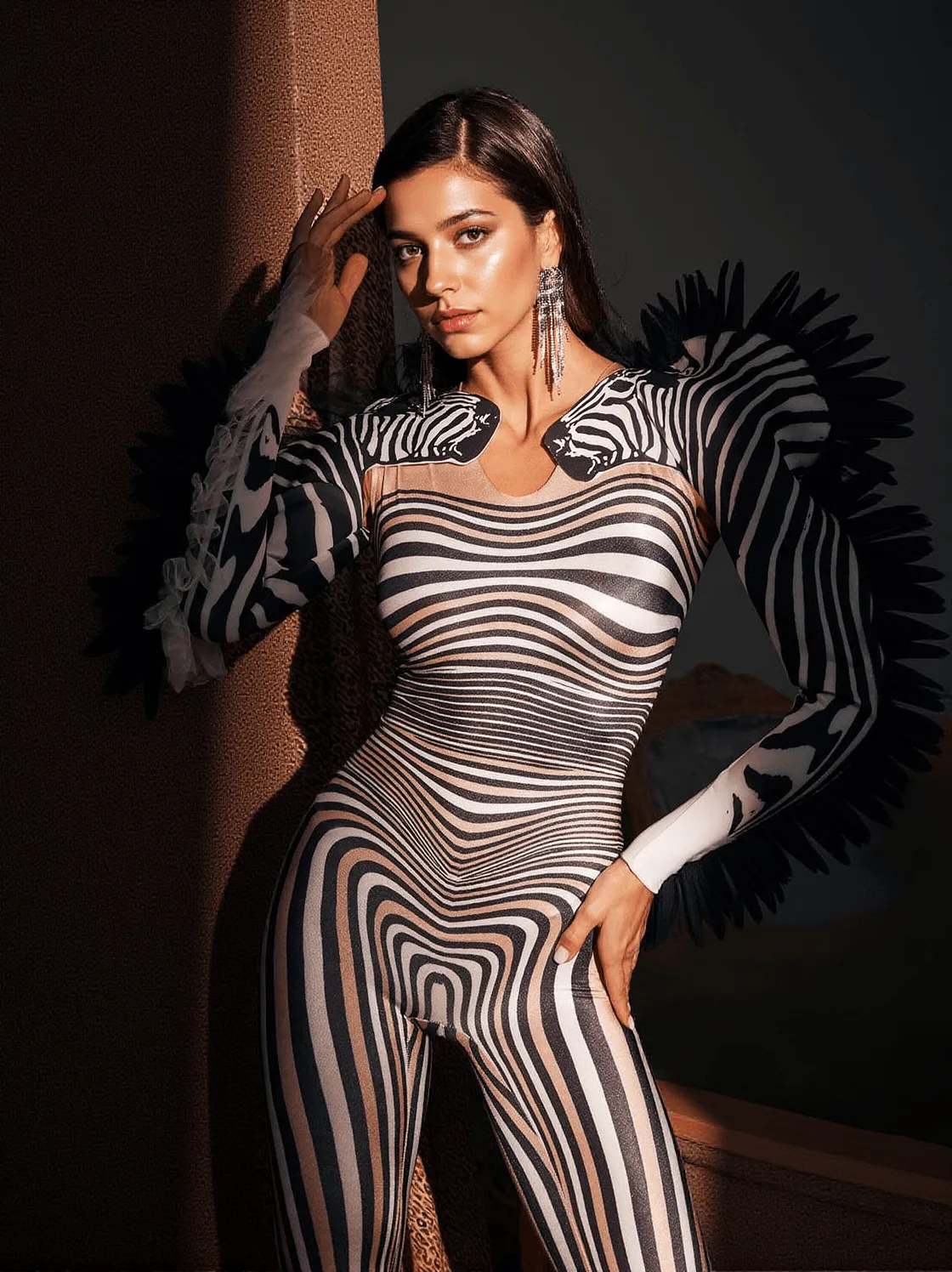 Assisi Tulle Trimmed Zebra Printed Jumpsuit