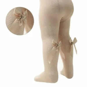 Baby Girls Beige Chevron Tights With Bow