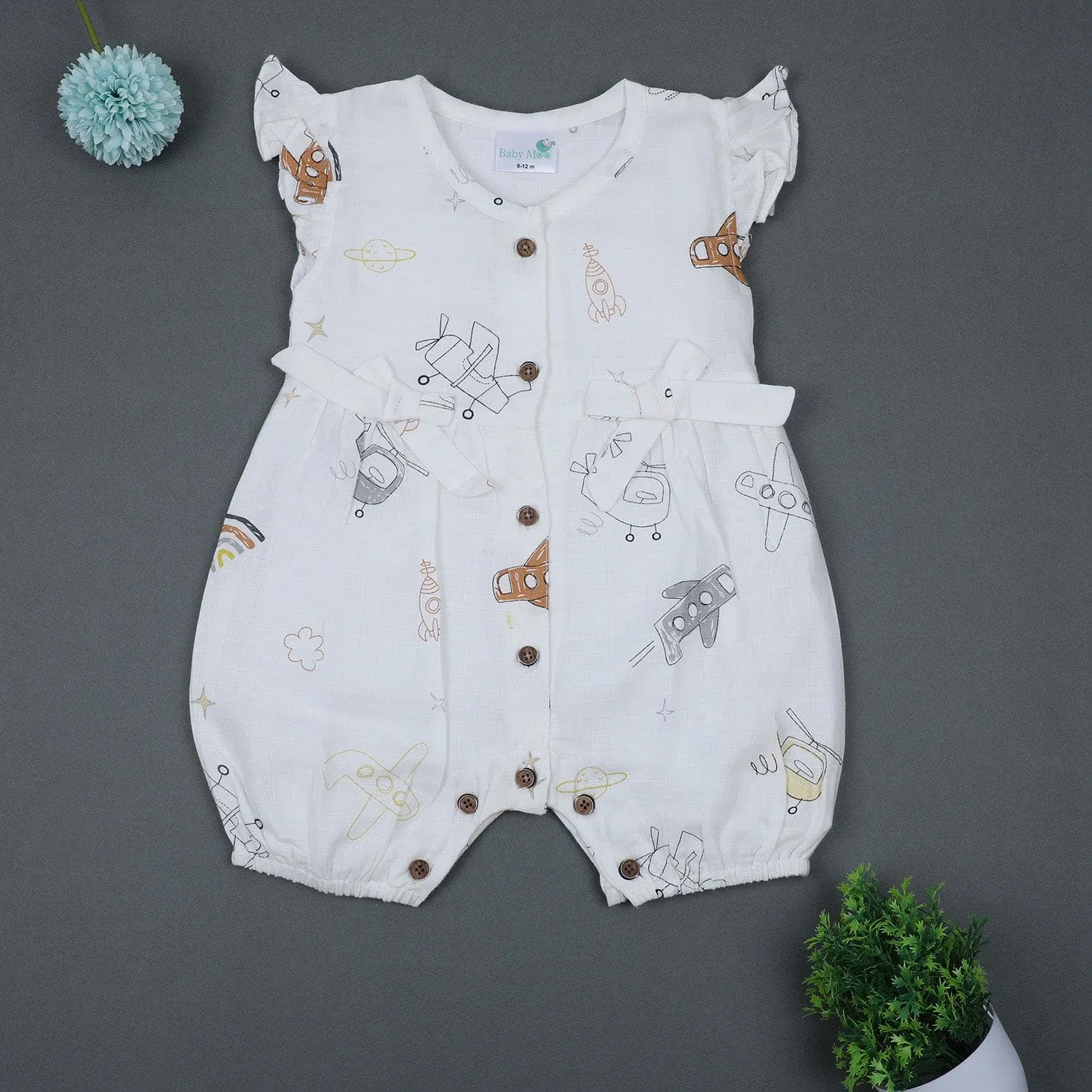 Baby Moo Flying High Bow Detail Sleeveless Buttoned Muslin Romper - White