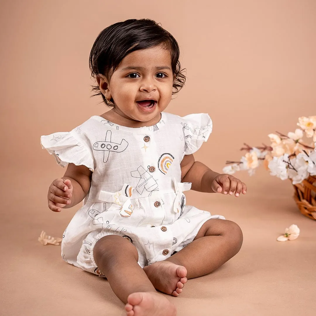 Baby Moo Flying High Bow Detail Sleeveless Buttoned Muslin Romper - White