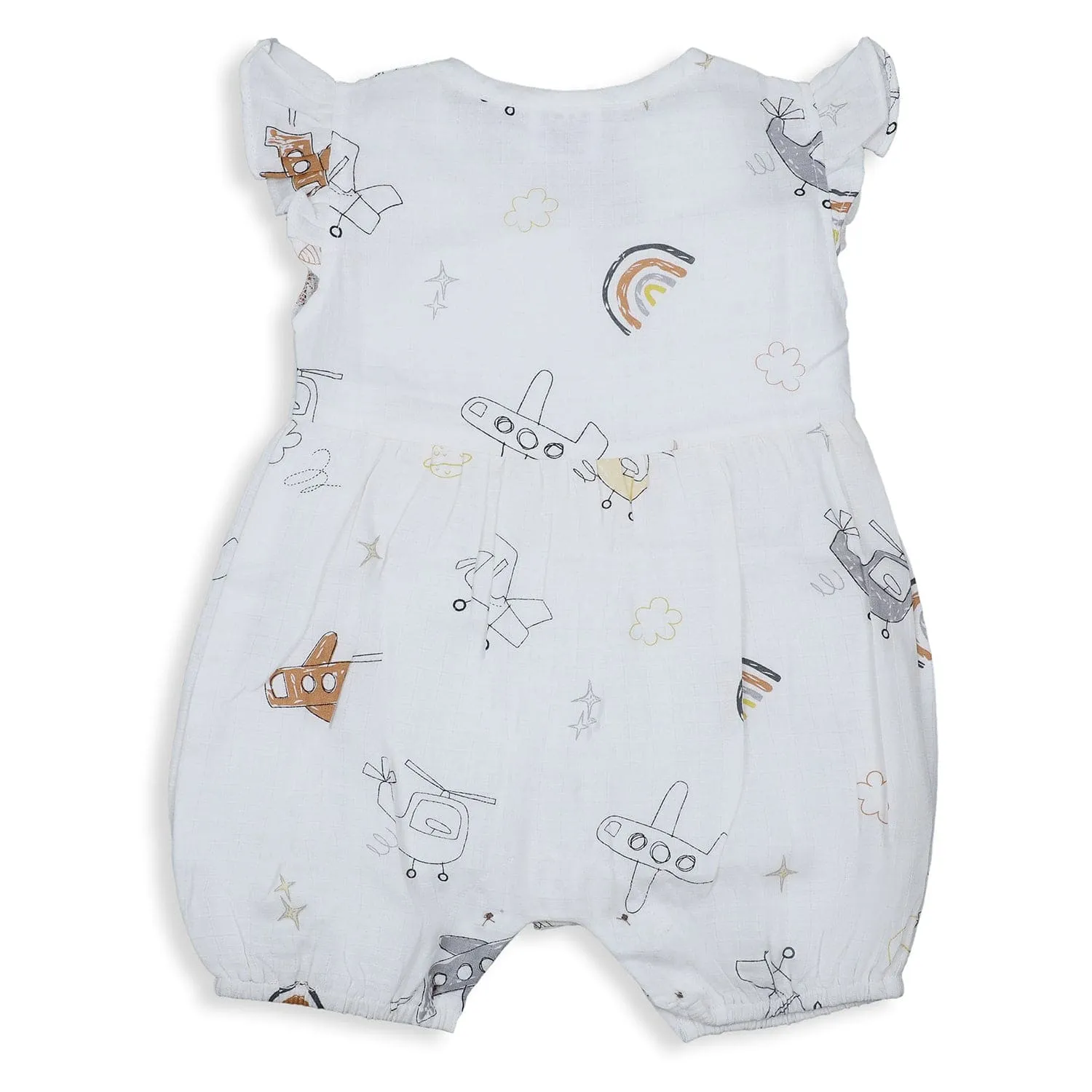 Baby Moo Flying High Bow Detail Sleeveless Buttoned Muslin Romper - White
