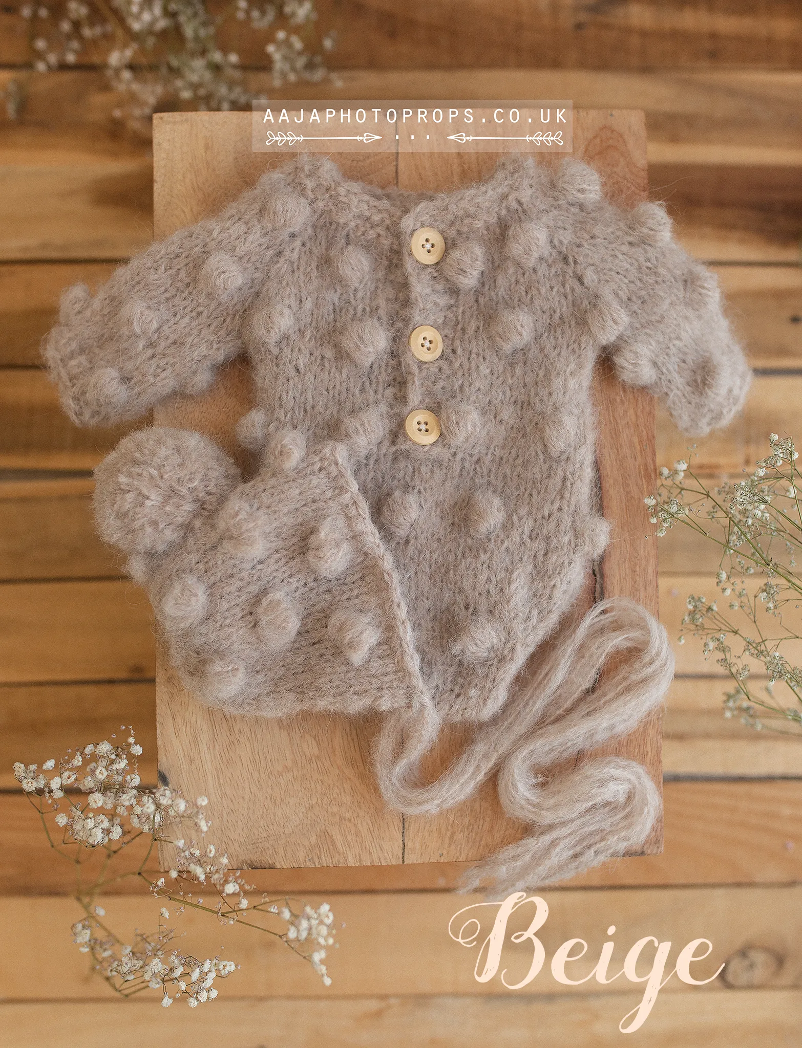 Baby newborn bubble knitted romper and bonnet set, off white, made to order