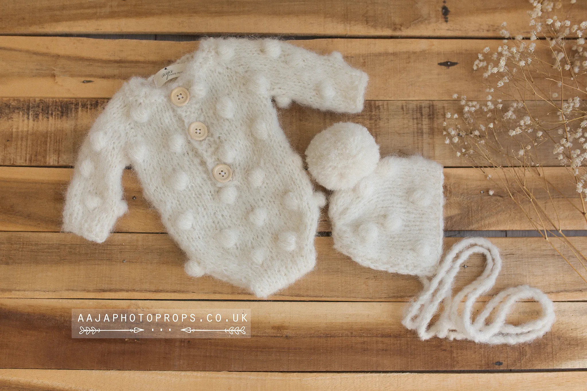 Baby newborn bubble knitted romper and bonnet set, off white, made to order