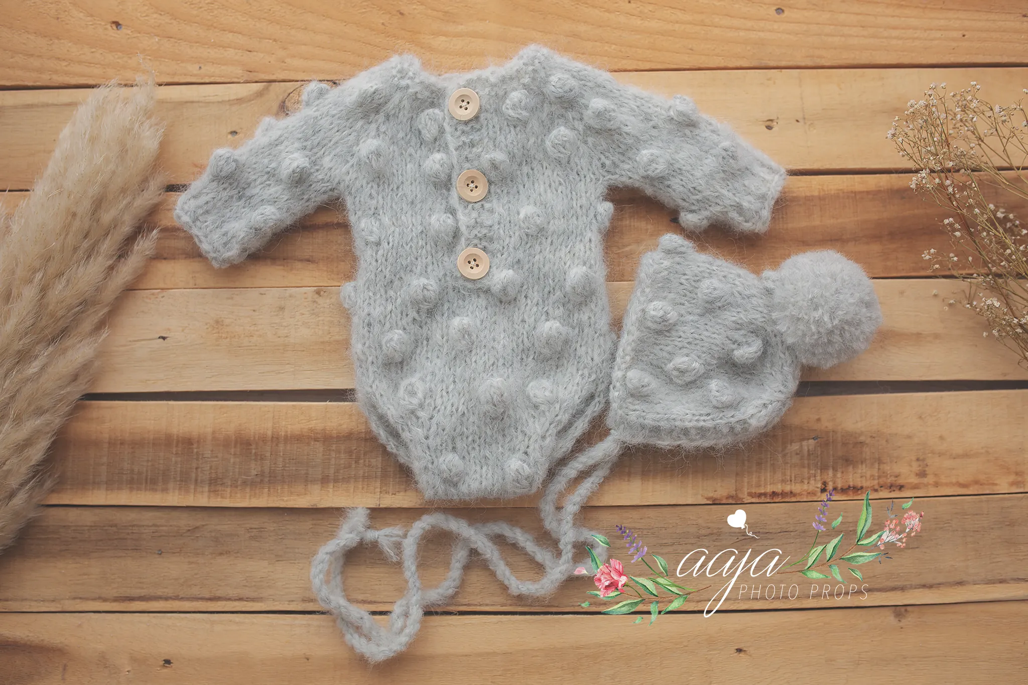Baby newborn bubble knitted romper and bonnet set, off white, made to order