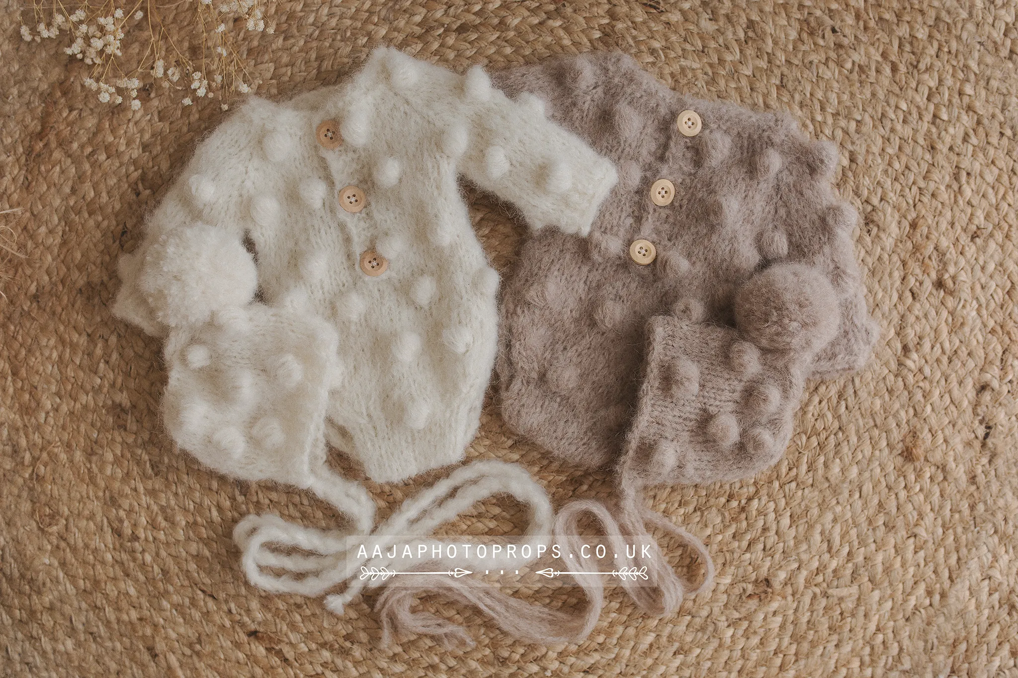 Baby newborn bubble knitted romper and bonnet set, off white, made to order