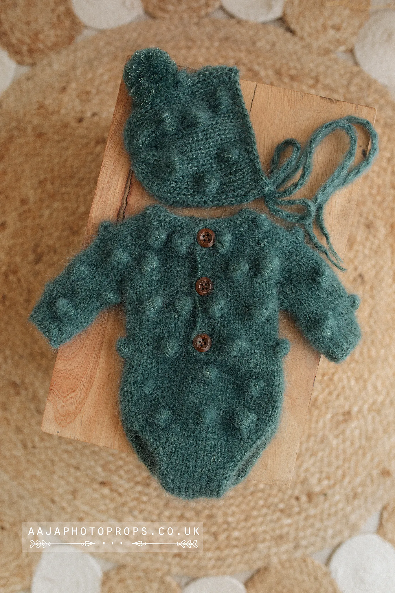 Baby newborn bubble knitted romper and hat set, teal blue/green, made to order