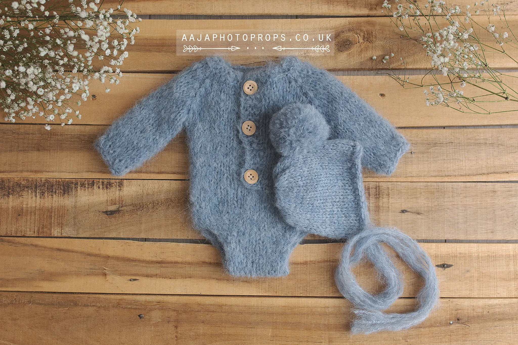 Baby newborn knitted romper and bonnet set, grey, blue, made to order