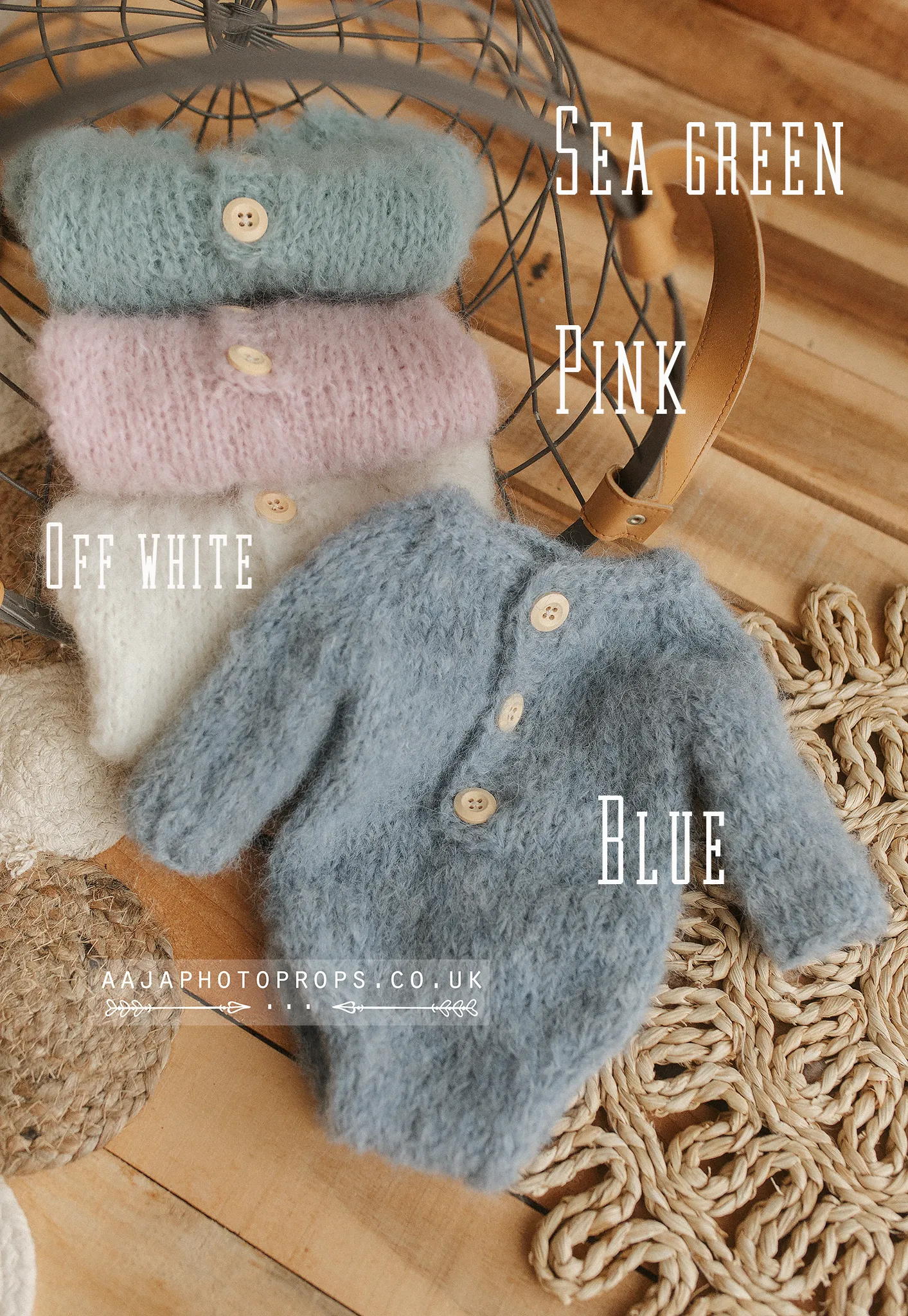 Baby newborn knitted romper and bonnet set, grey, blue, made to order
