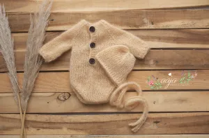 Baby newborn knitted romper and bonnet set, kid silk, pastel yellow, vanilla, made to order