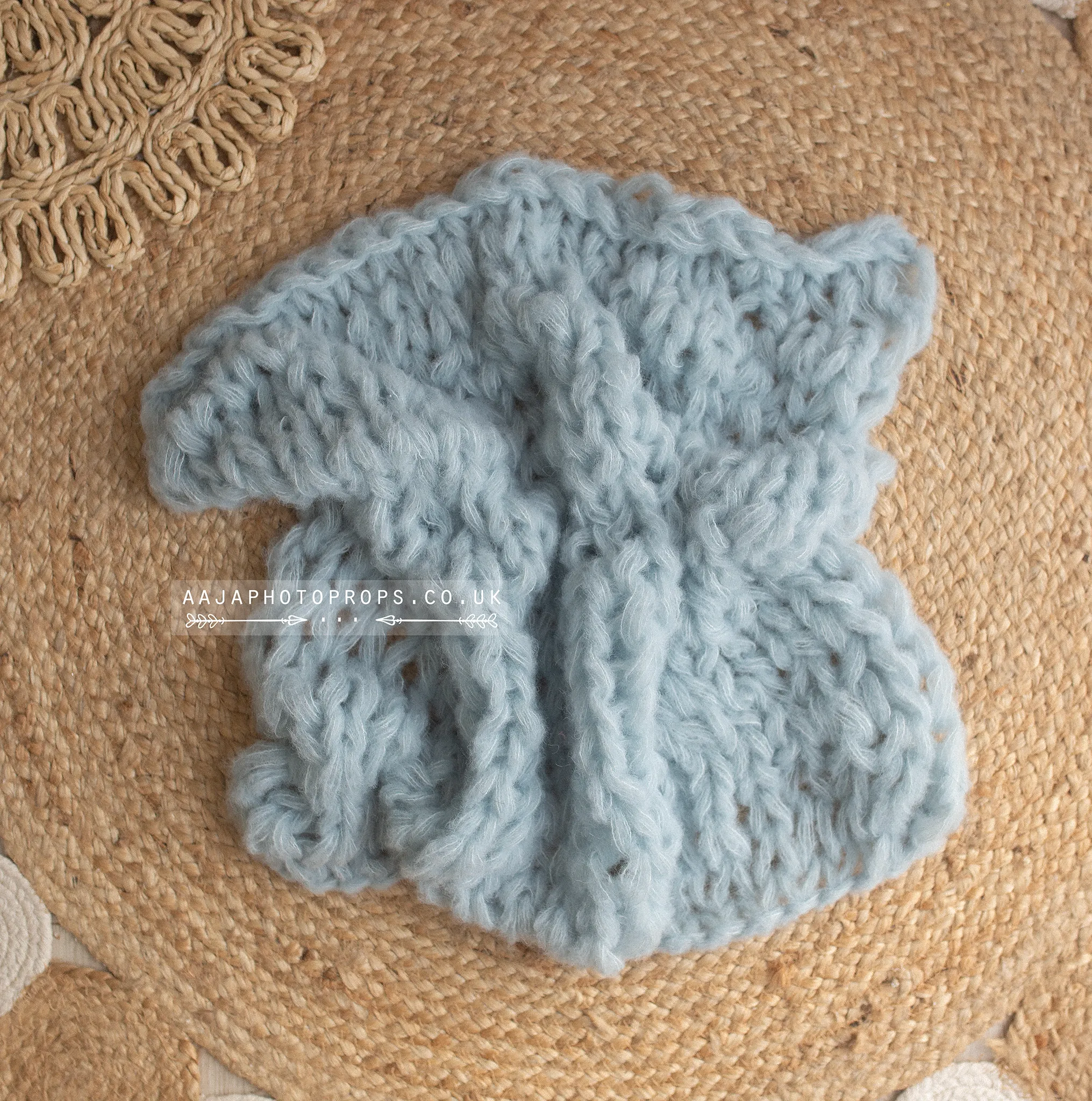 Baby newborn knitted romper, bear bonnet, wrap, layer, dusky blue, made to order
