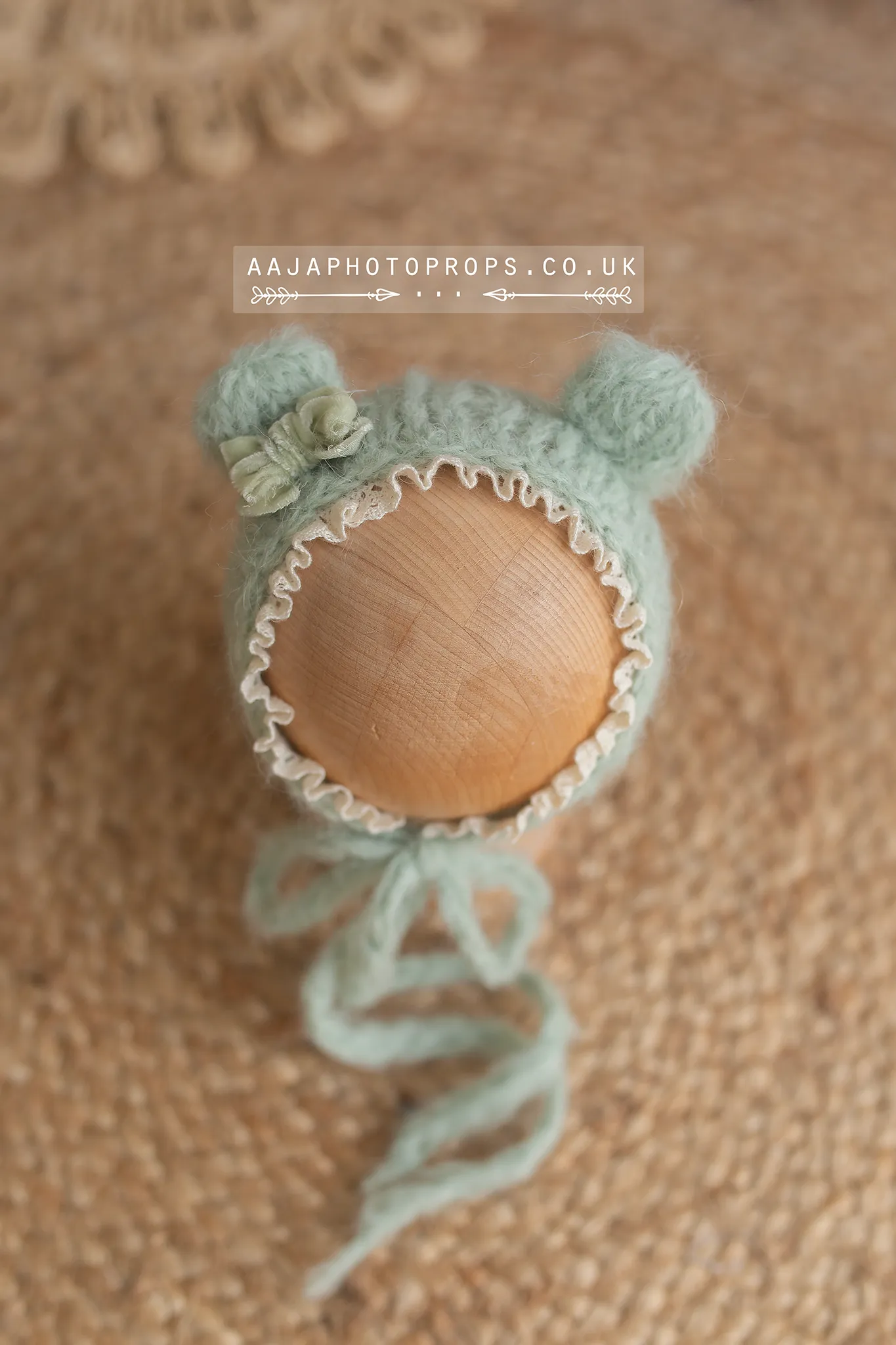 Baby newborn knitted romper, bear bonnet, wrap, layer, sage green, made to order