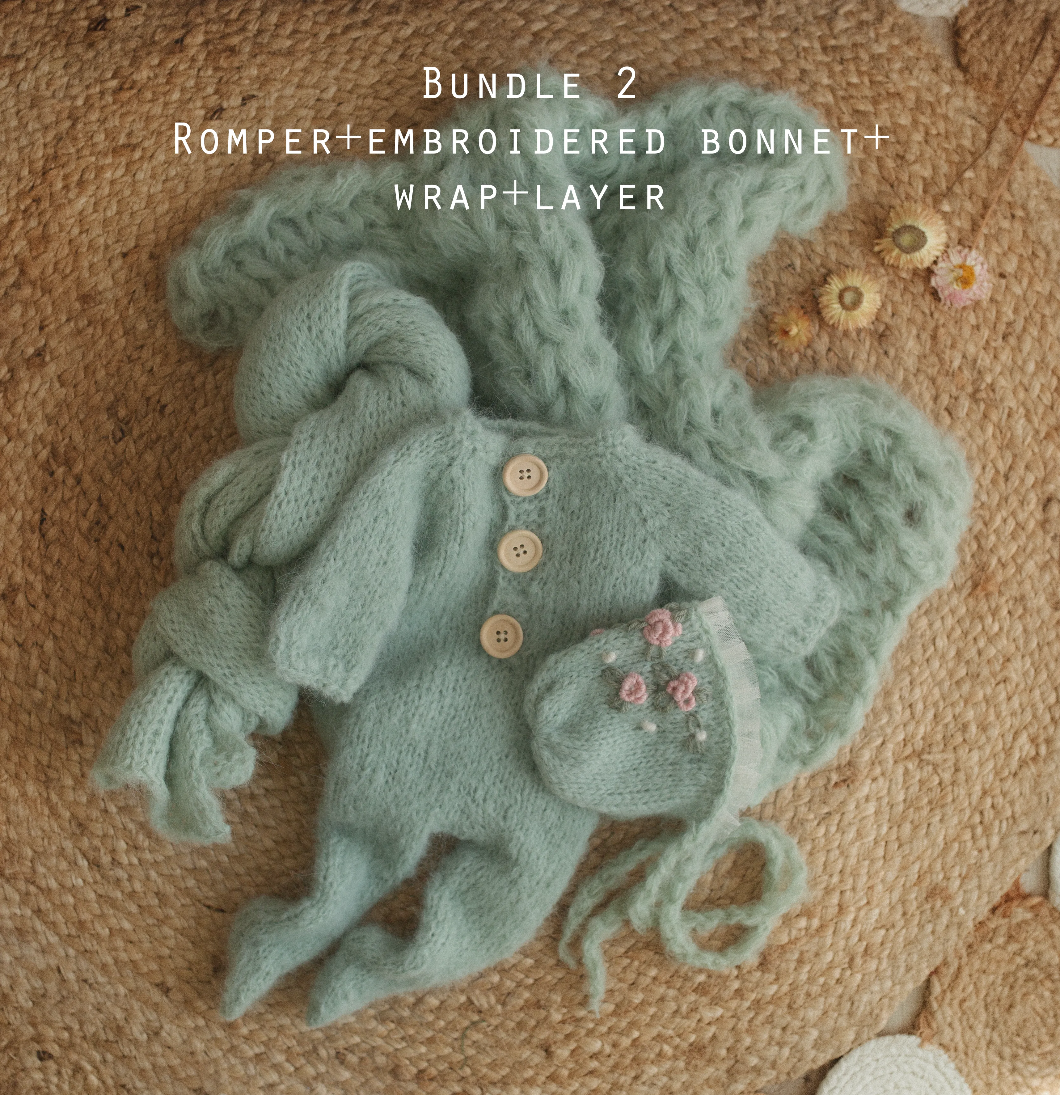 Baby newborn knitted romper, bear bonnet, wrap, layer, sage green, made to order