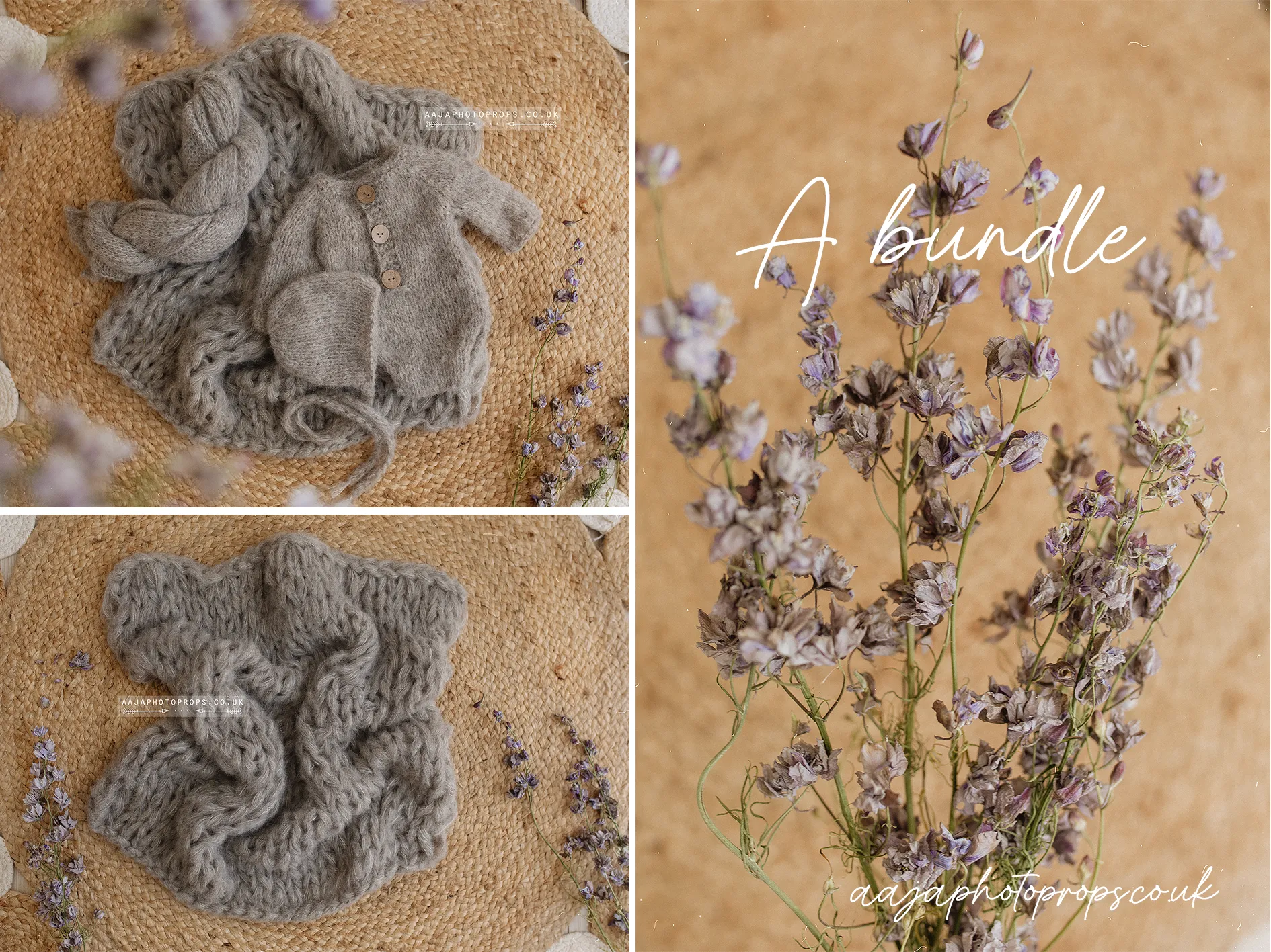 Baby newborn knitted romper, bonnet, wrap, layer, natural, taupe grey, made to order