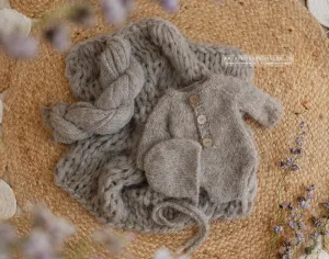 Baby newborn knitted romper, bonnet, wrap, layer, natural, taupe grey, made to order
