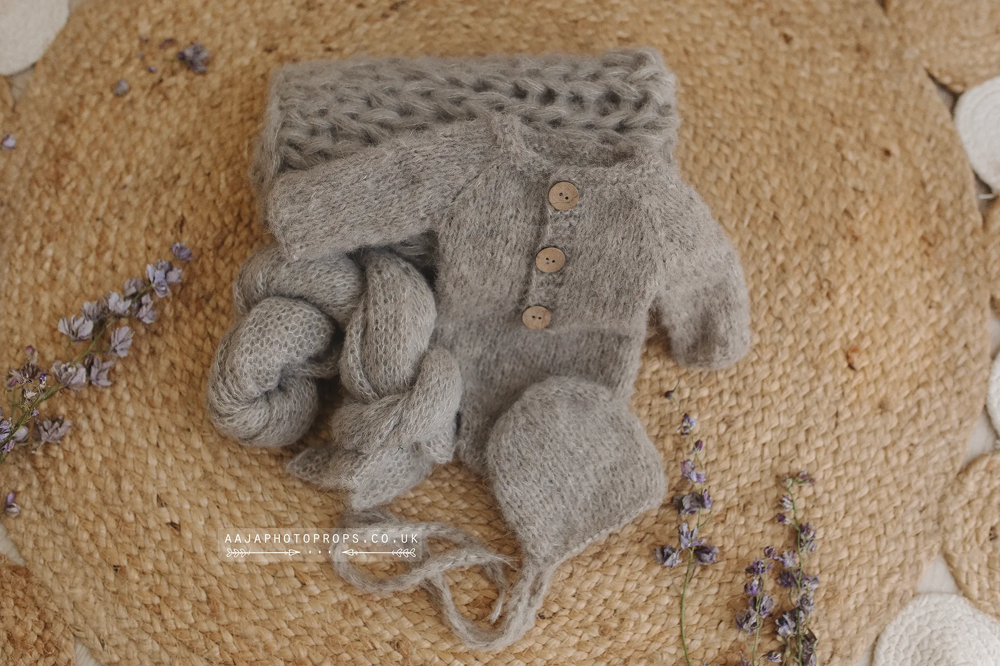 Baby newborn knitted romper, bonnet, wrap, layer, natural, taupe grey, made to order