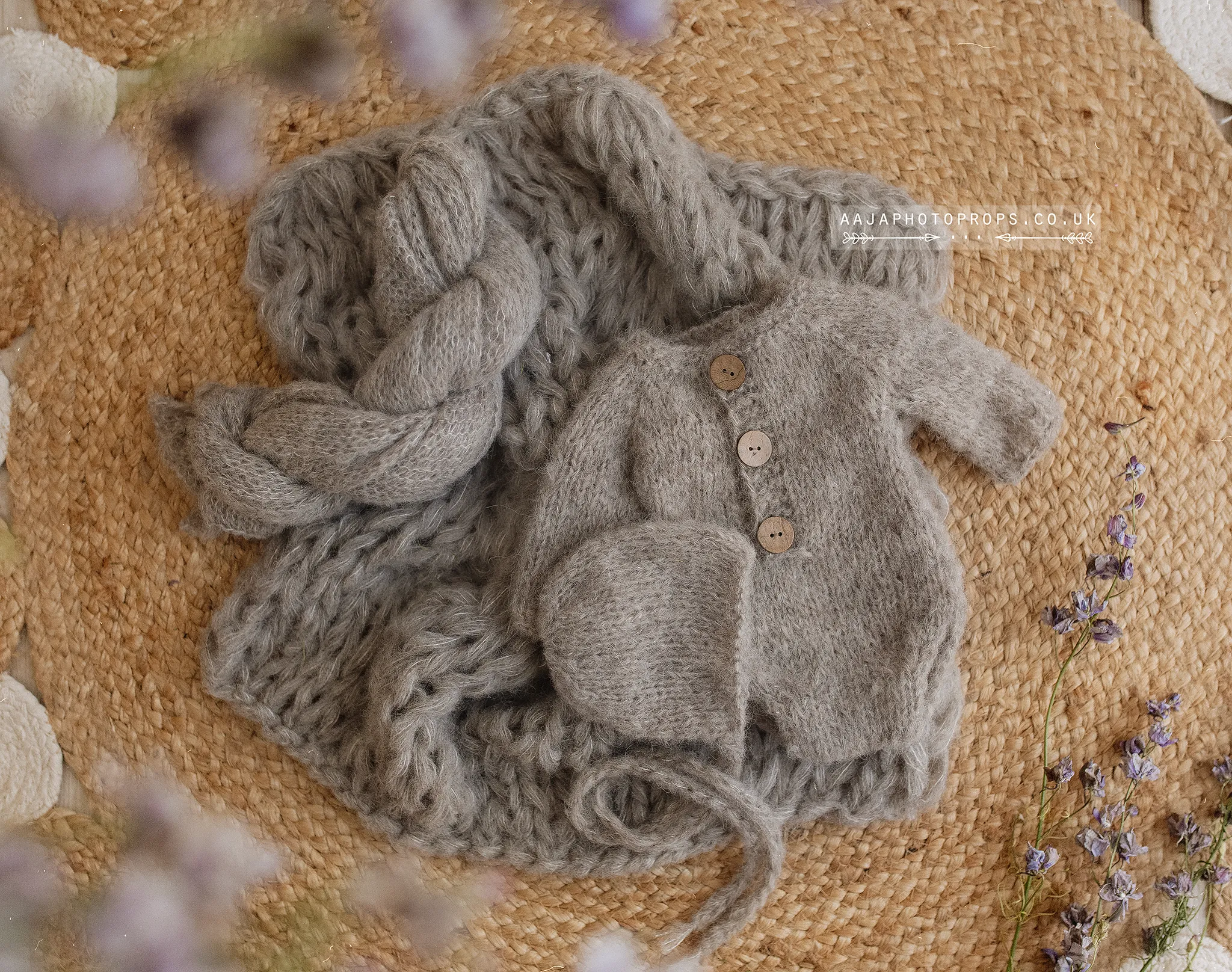 Baby newborn knitted romper, bonnet, wrap, layer, natural, taupe grey, made to order