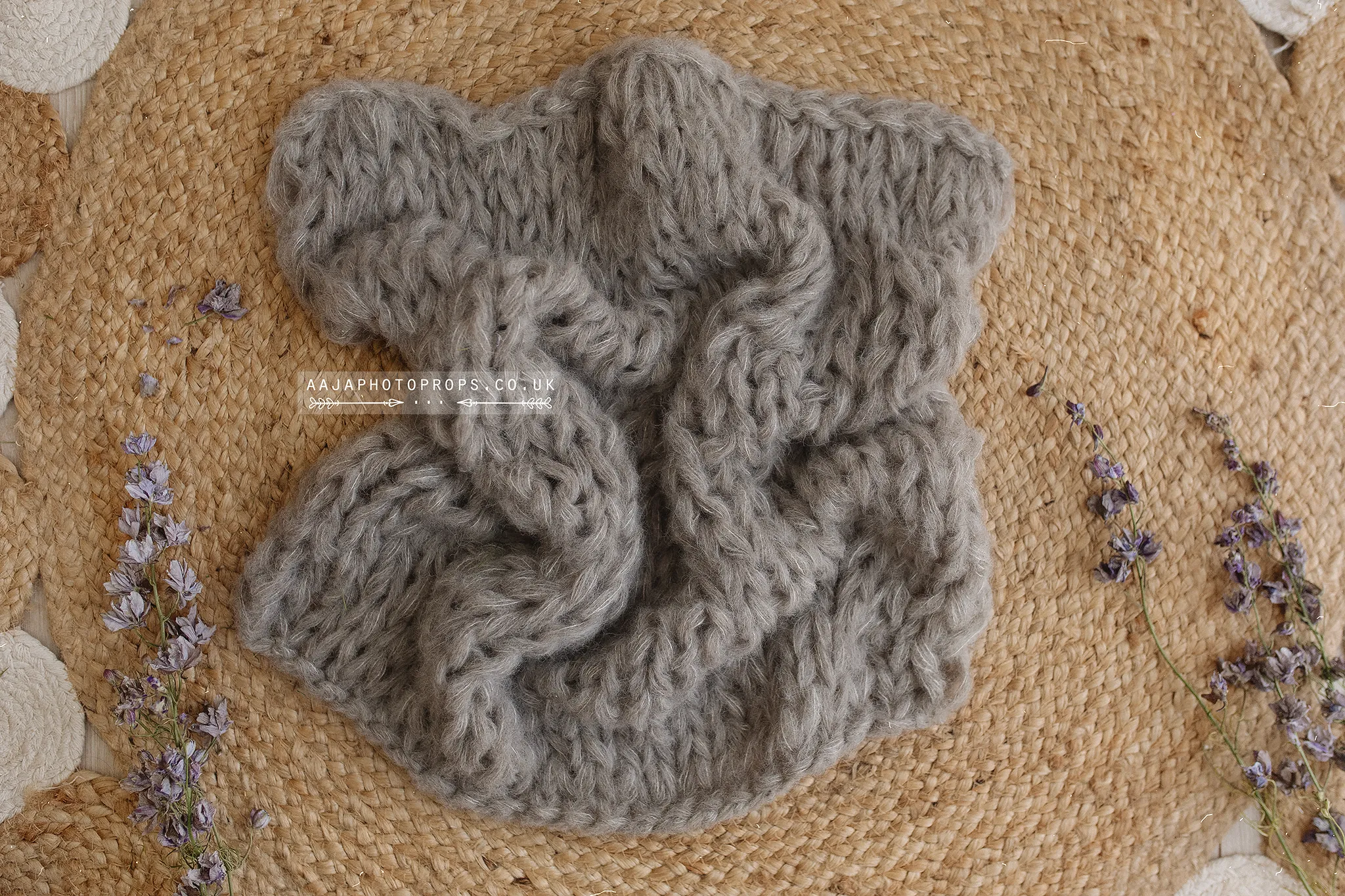 Baby newborn knitted romper, bonnet, wrap, layer, natural, taupe grey, made to order