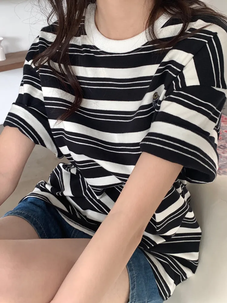 Bear Pocket Loose Short Sleeve Striped Shirt