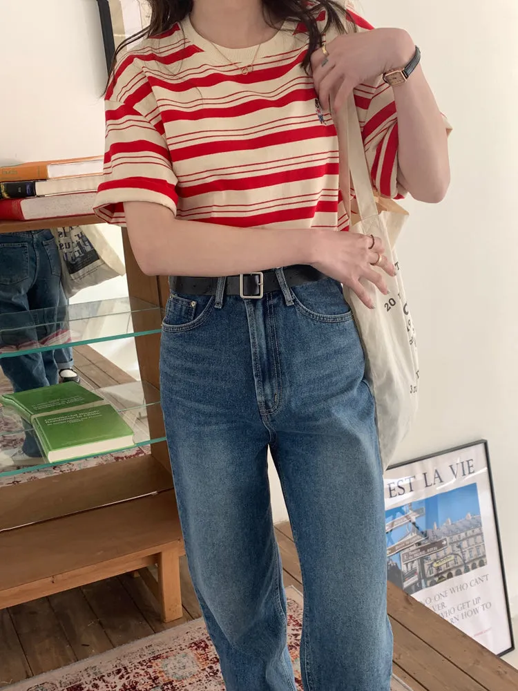 Bear Pocket Loose Short Sleeve Striped Shirt