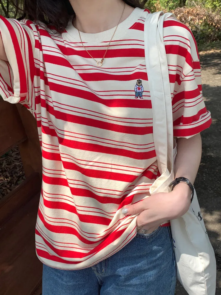 Bear Pocket Loose Short Sleeve Striped Shirt