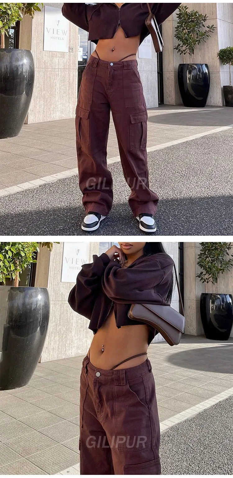 BerryBetty - Y2k Cargo Pants Women's Jeans New Fashion Baggy Jeans Denim Overalls 90s Low Rise Pocket Straight Leg Trousers Streetwear