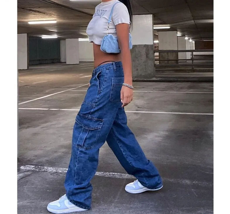 BerryBetty - Y2k Cargo Pants Women's Jeans New Fashion Baggy Jeans Denim Overalls 90s Low Rise Pocket Straight Leg Trousers Streetwear