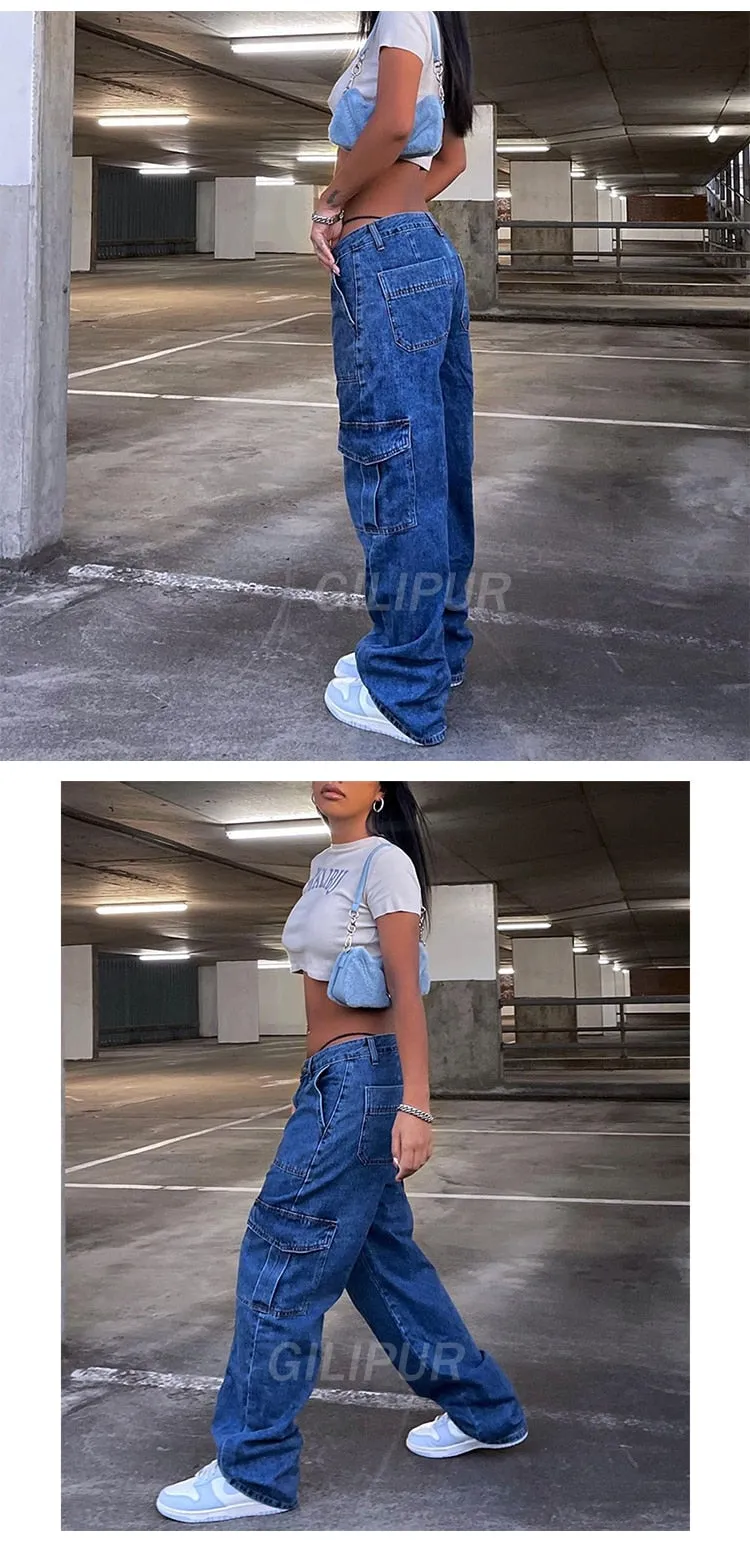 BerryBetty - Y2k Cargo Pants Women's Jeans New Fashion Baggy Jeans Denim Overalls 90s Low Rise Pocket Straight Leg Trousers Streetwear