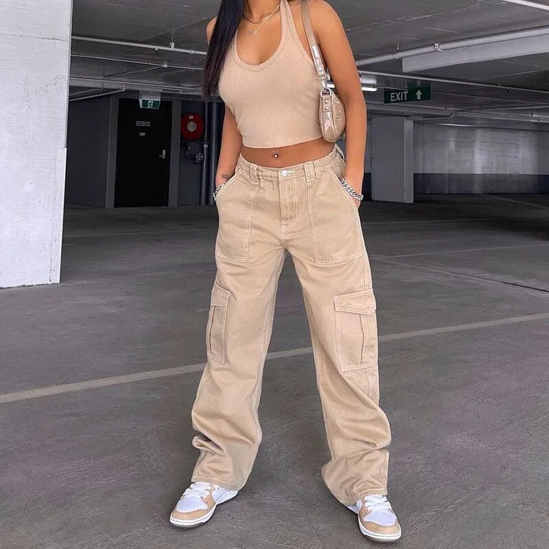 BerryBetty - Y2k Cargo Pants Women's Jeans New Fashion Baggy Jeans Denim Overalls 90s Low Rise Pocket Straight Leg Trousers Streetwear