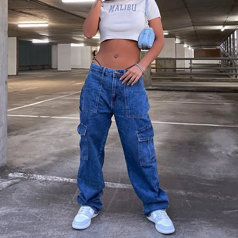 BerryBetty - Y2k Cargo Pants Women's Jeans New Fashion Baggy Jeans Denim Overalls 90s Low Rise Pocket Straight Leg Trousers Streetwear