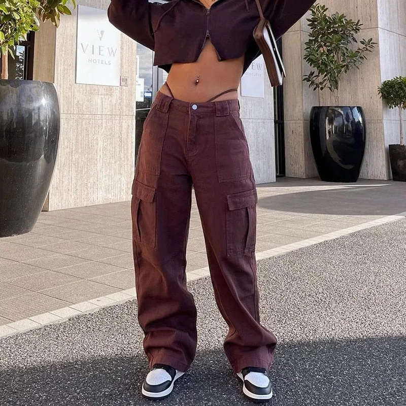 BerryBetty - Y2k Cargo Pants Women's Jeans New Fashion Baggy Jeans Denim Overalls 90s Low Rise Pocket Straight Leg Trousers Streetwear