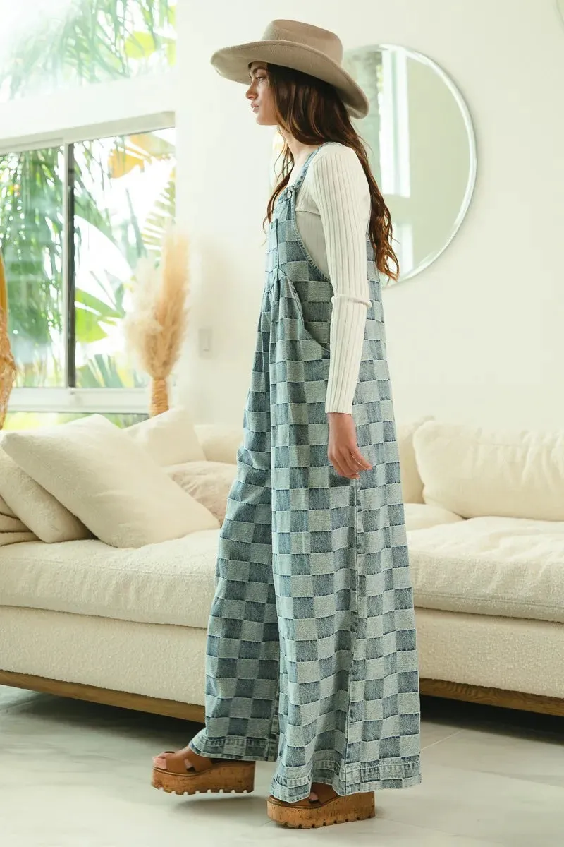 BiBi Washed Vintage Checker Wide Legs Overalls