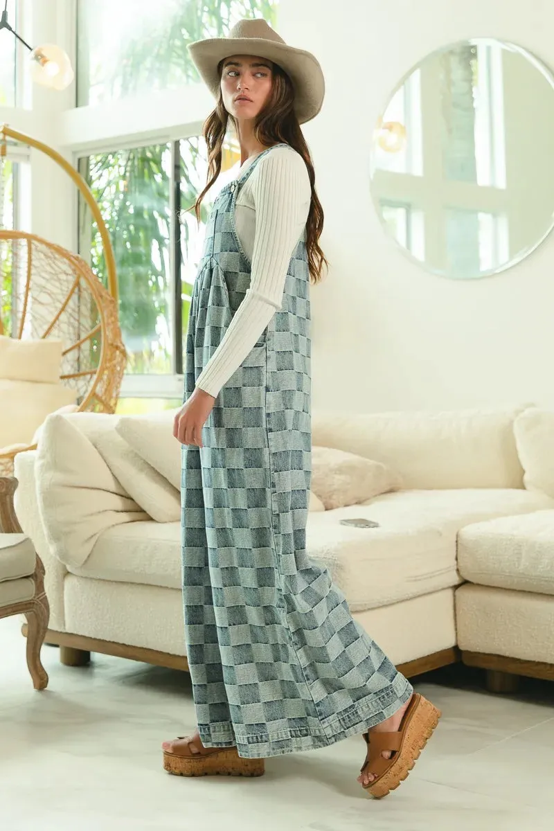 BiBi Washed Vintage Checker Wide Legs Overalls