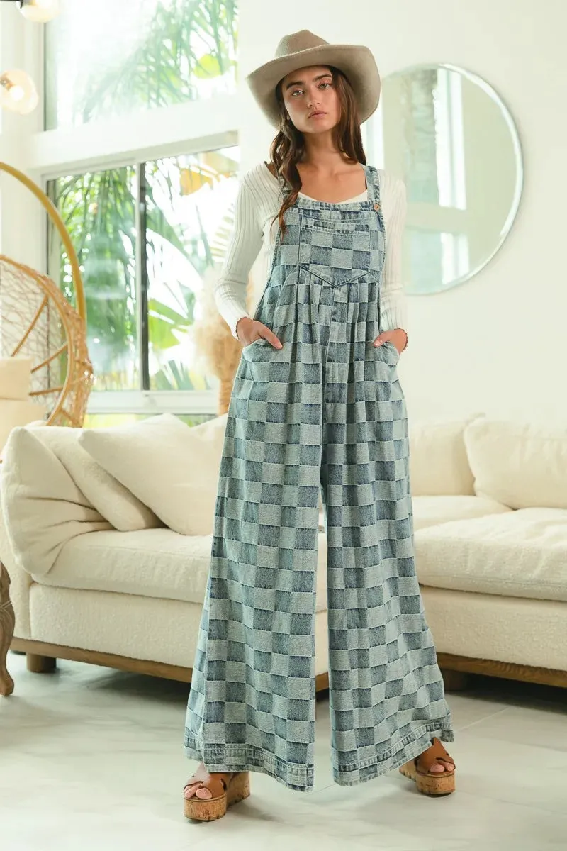BiBi Washed Vintage Checker Wide Legs Overalls