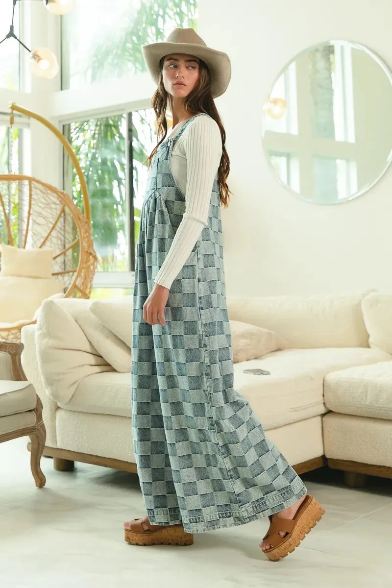 BiBi Washed Vintage Checker Wide Legs Overalls