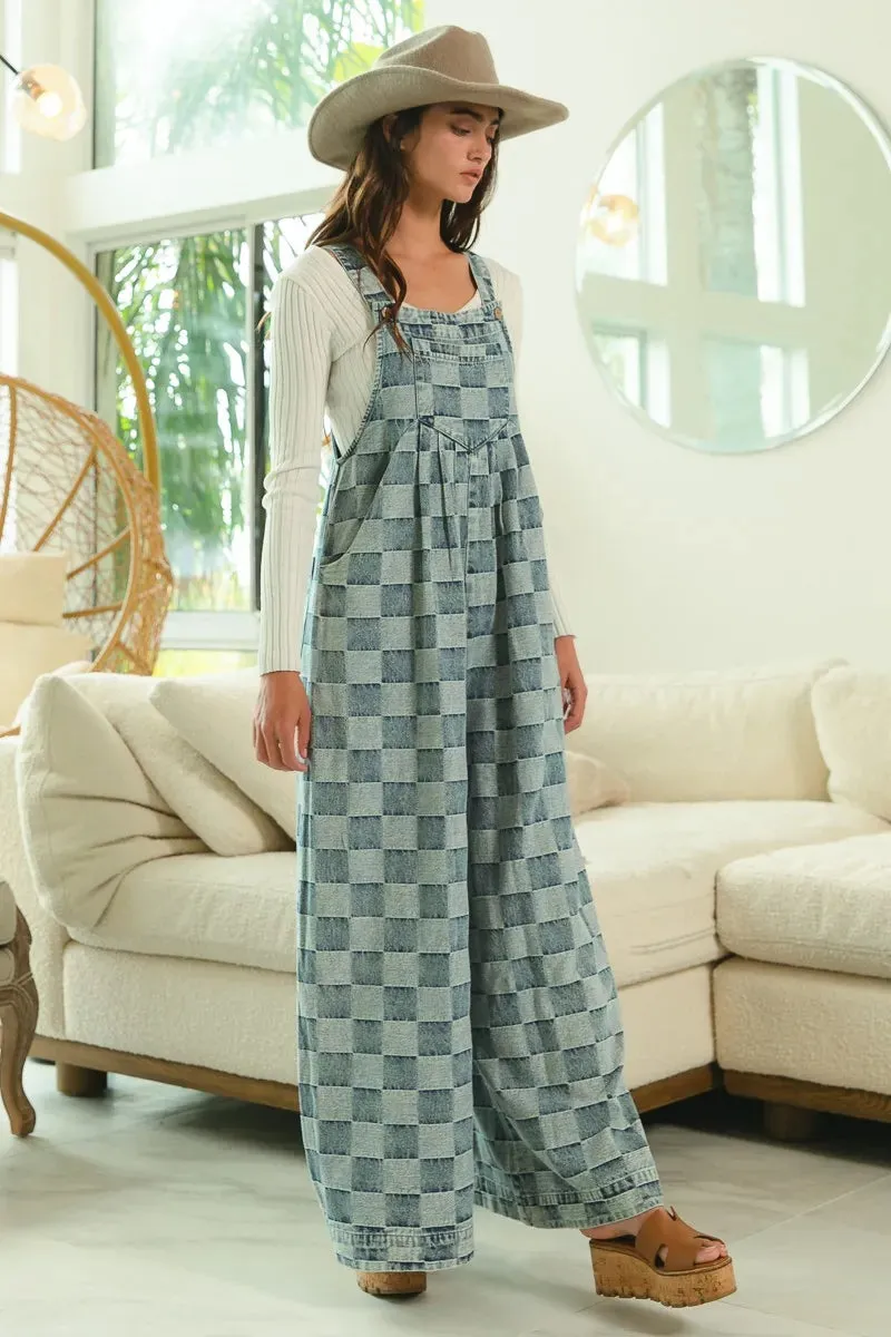 BiBi Washed Vintage Checker Wide Legs Overalls