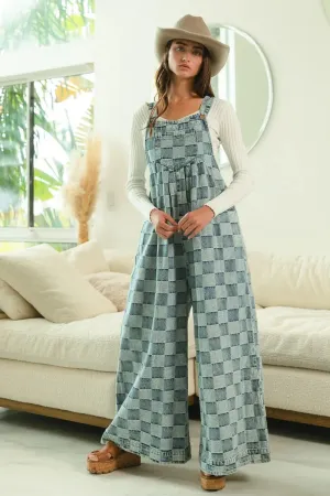 BiBi Washed Vintage Checker Wide Legs Overalls