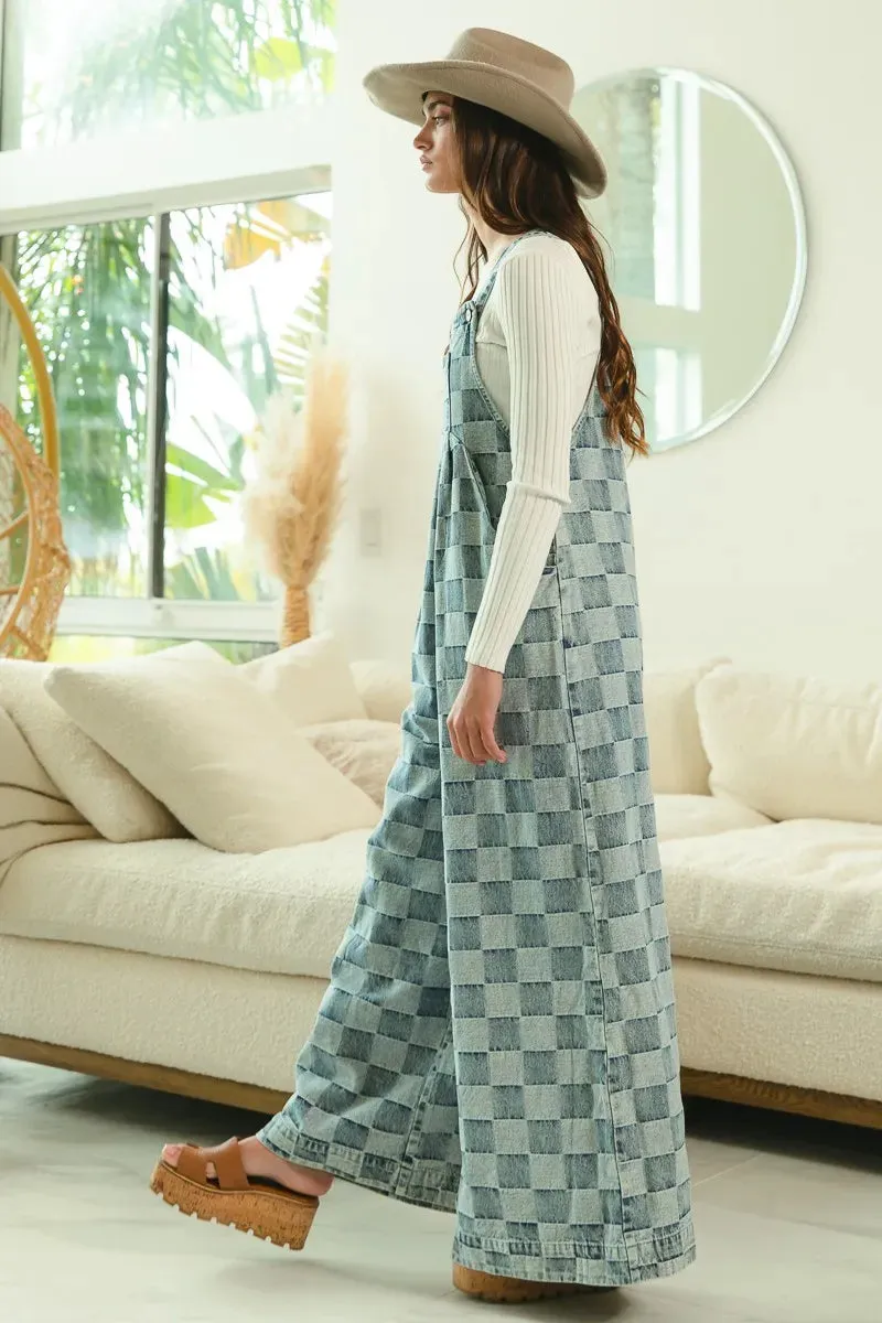 BiBi Washed Vintage Checker Wide Legs Overalls