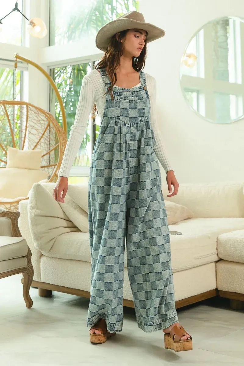 BiBi Washed Vintage Checker Wide Legs Overalls