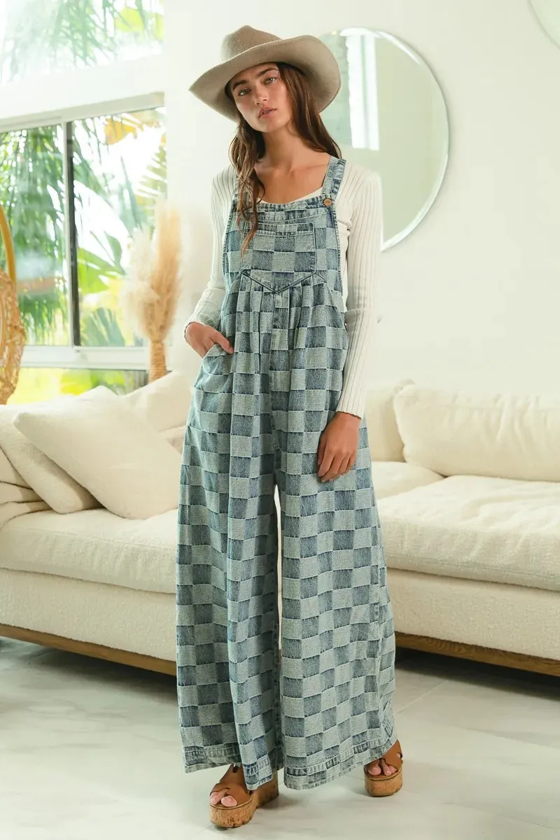 BiBi Washed Vintage Checker Wide Legs Overalls