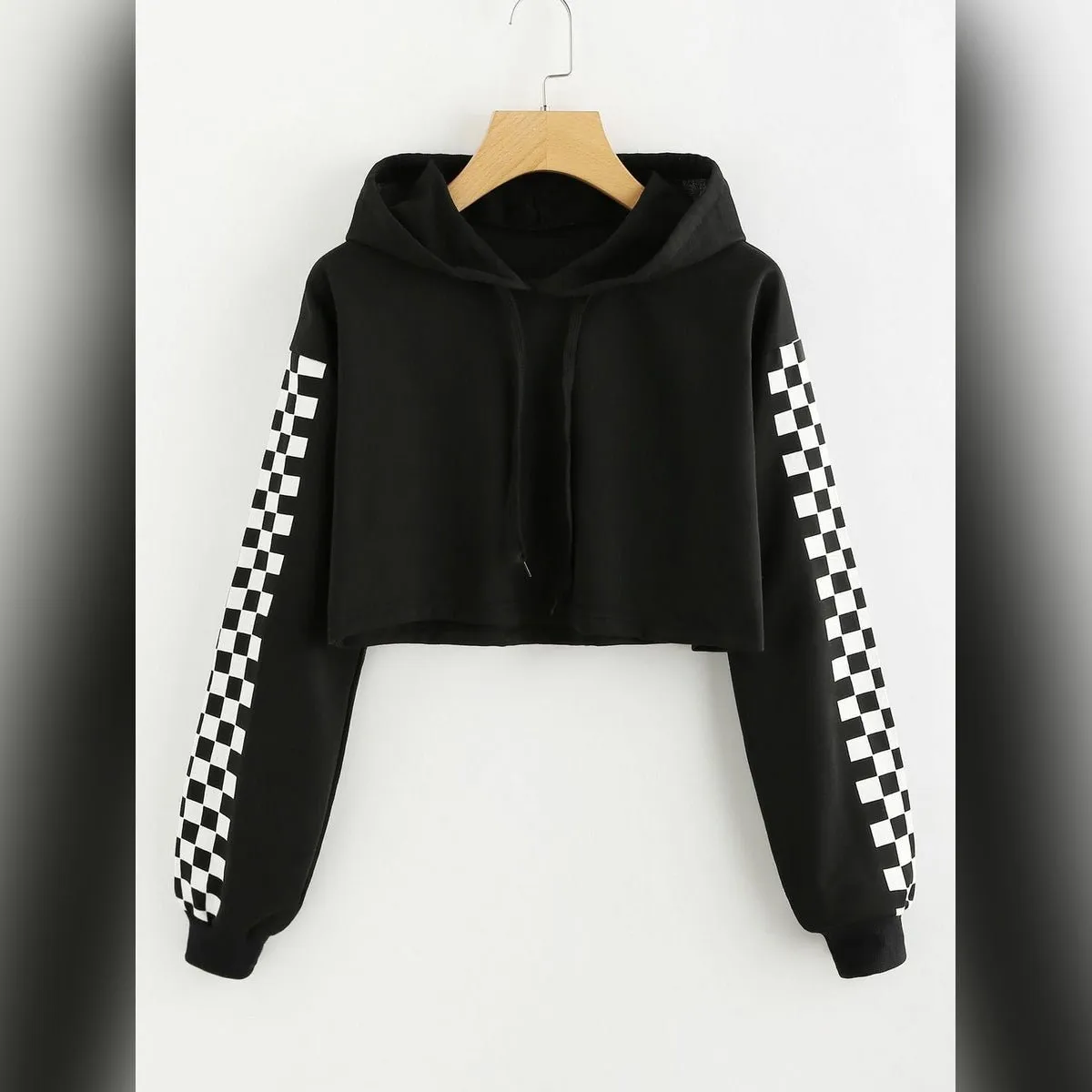 Black Checkered Fleece Full Sleeves Cropped Hoodie For Women
