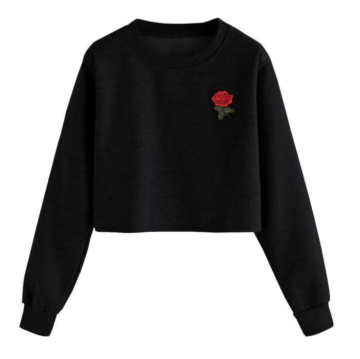 Black Fleece Rose Printed Cropped Sweat Shirt for Women