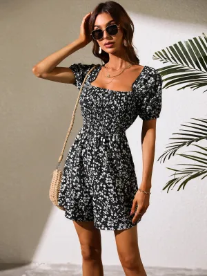 Black Printed Romper With Smocking