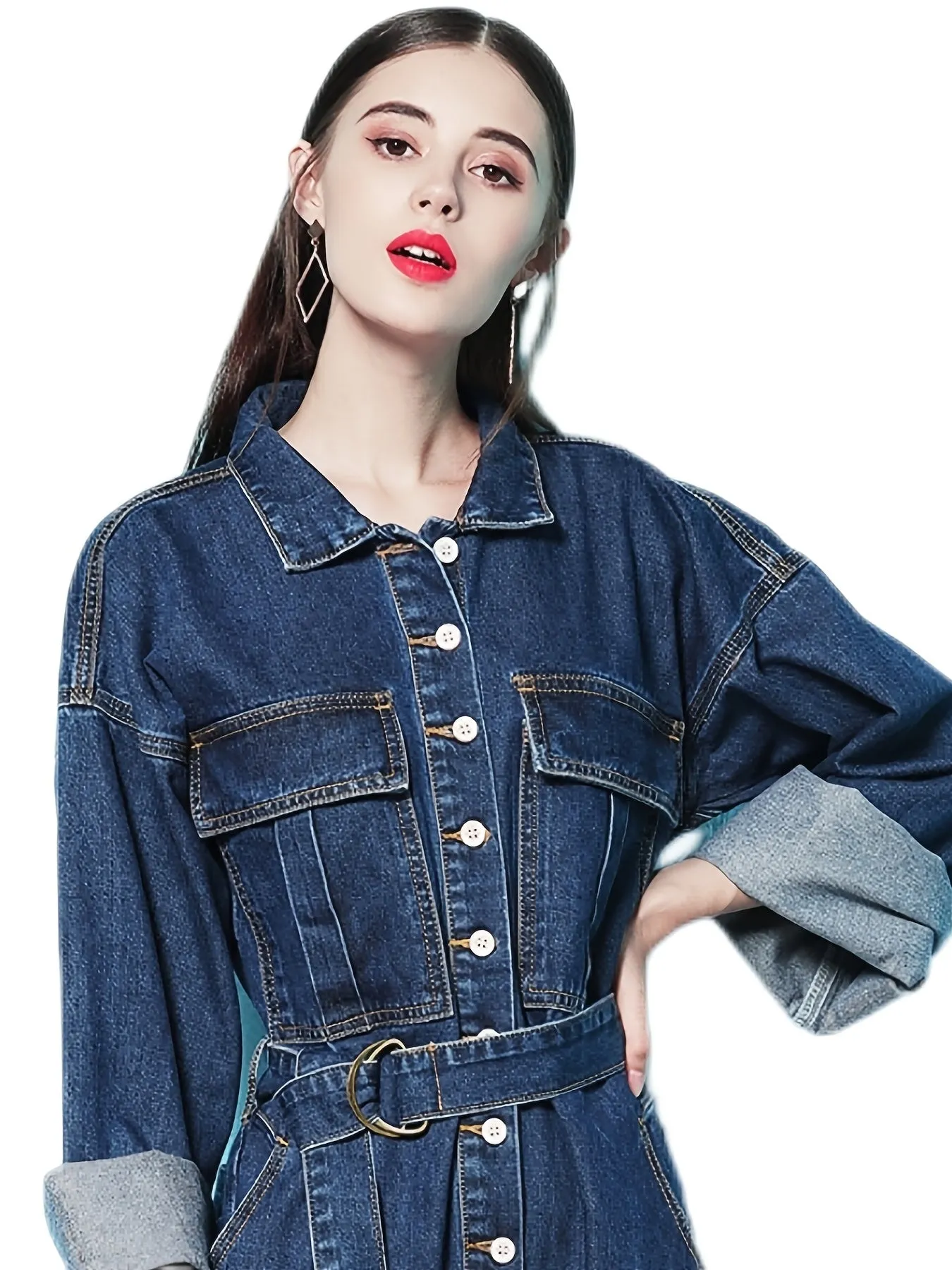 Blue Elastic Band Waist Denim Jumsuit, Long Sleeve Flap Pockets Loose Fit Closure Button Denim Overalls, Women's Denim & Clothing