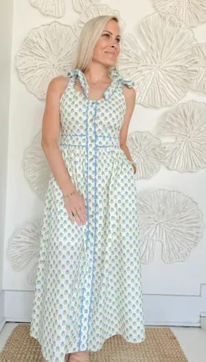 Blue/Green Printed Shoulder Tie Maxi