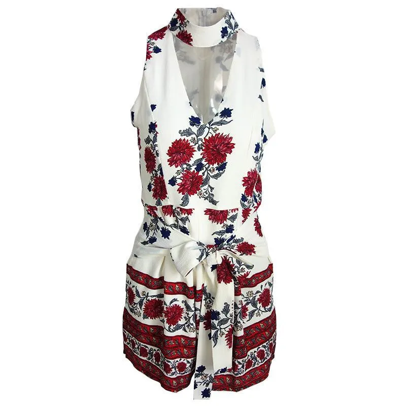 Boho red floral print elegant jumpsuit romper Summer style halter short playsuit Women bow beach overalls