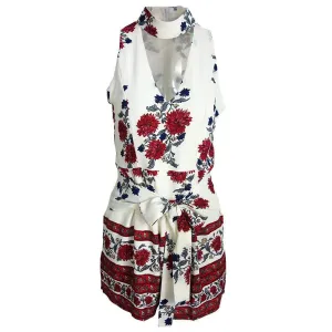 Boho red floral print elegant jumpsuit romper Summer style halter short playsuit Women bow beach overalls