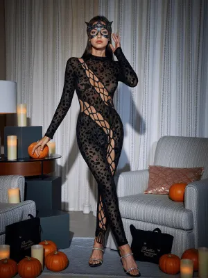 Bopo Lace Up Leopard Printed Mesh Jumpsuit